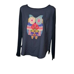 Surkana Stretchy Long Sleeves Black Top With Colorful Owl Sz S